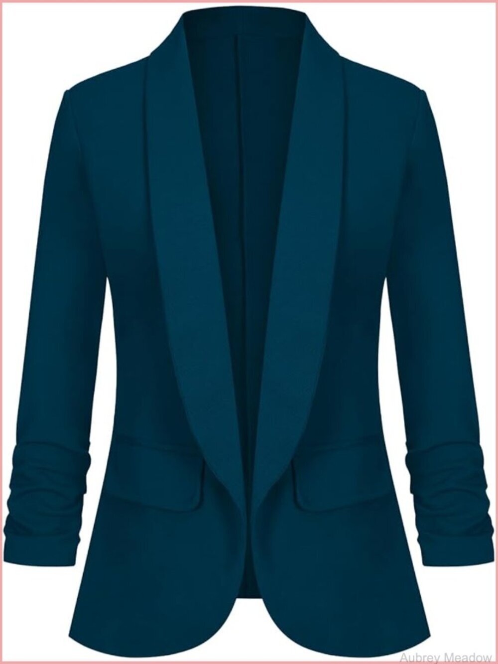 Open Front Blazer Shawl Lapel Ruched 3/4 Sleeve Lightweight Office Jacket